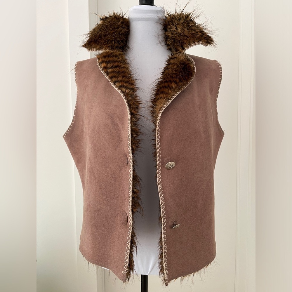 Deborah Murray Faux Fur Lined Faux Suede Vest Silver Tone Buttons Western Boho